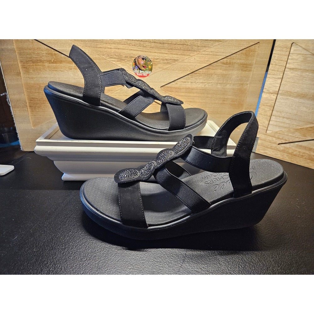 Skechers Sandals Women 10 Black Cali Rumbler Glam Wedge Stretch Rhinestone #710 - Picture 1 of 8